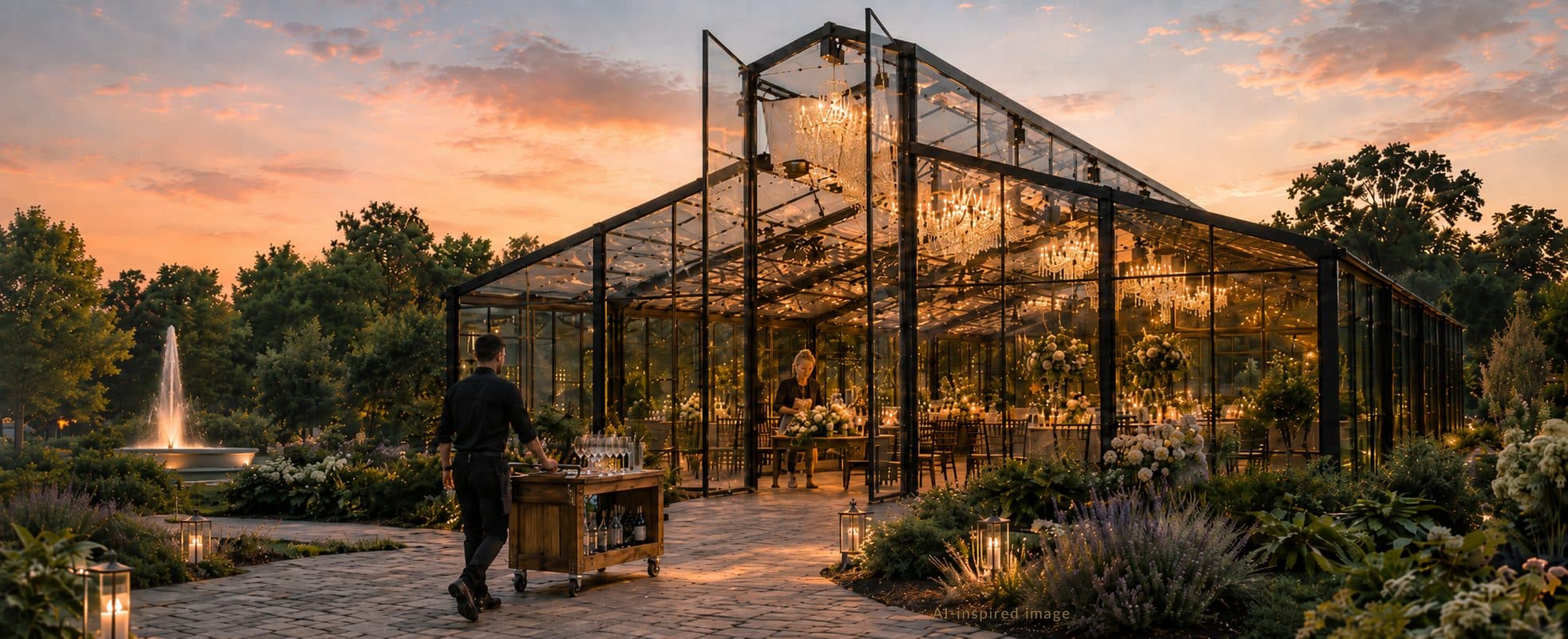 Glass-walled Crystal Pavilion glowing with chandeliers at dusk while an outside bartender wheels a bar cart in, at a Houston-area open vendor wedding venue