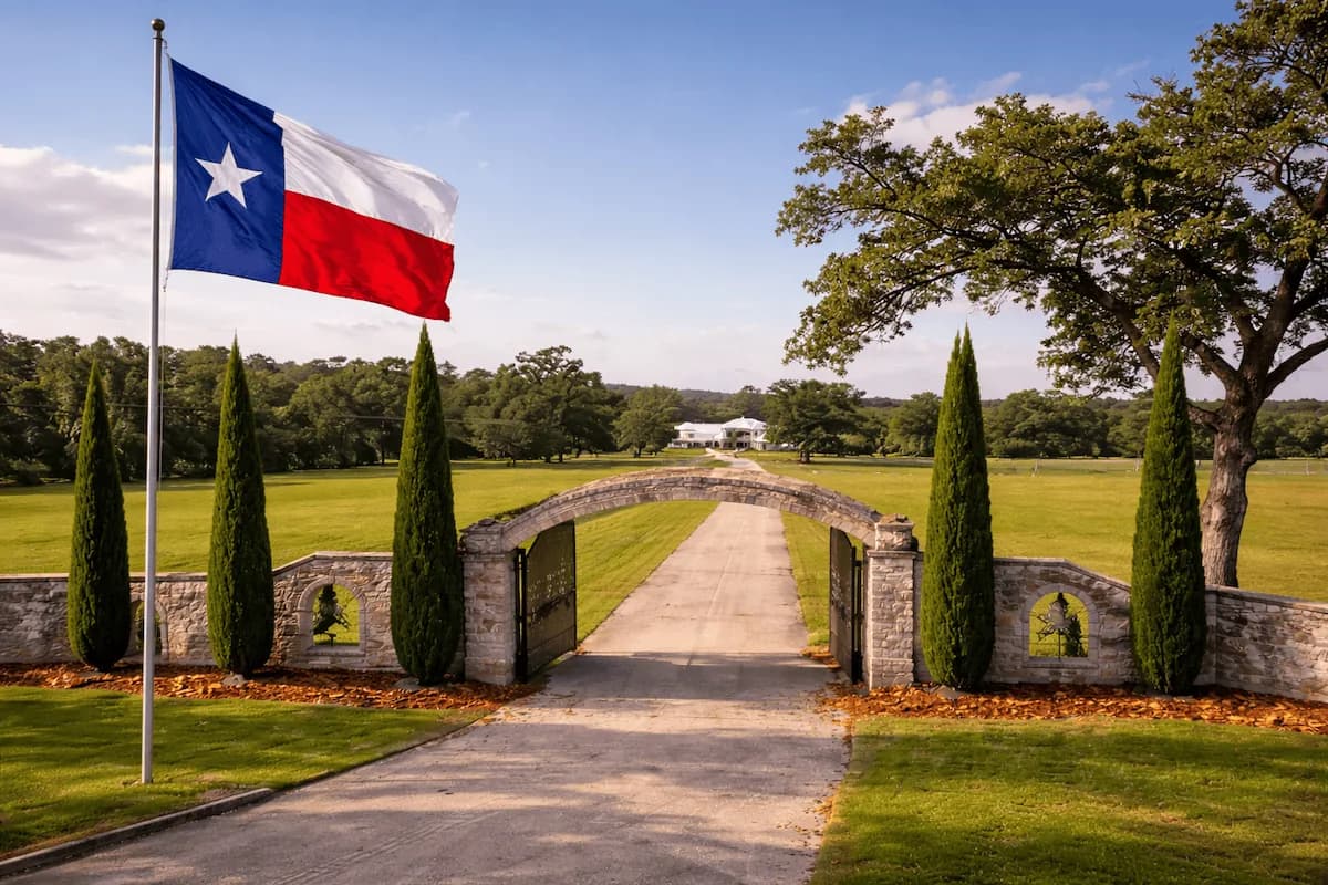 Château St. Cyr with a Texas flag in Montgomery, Texas